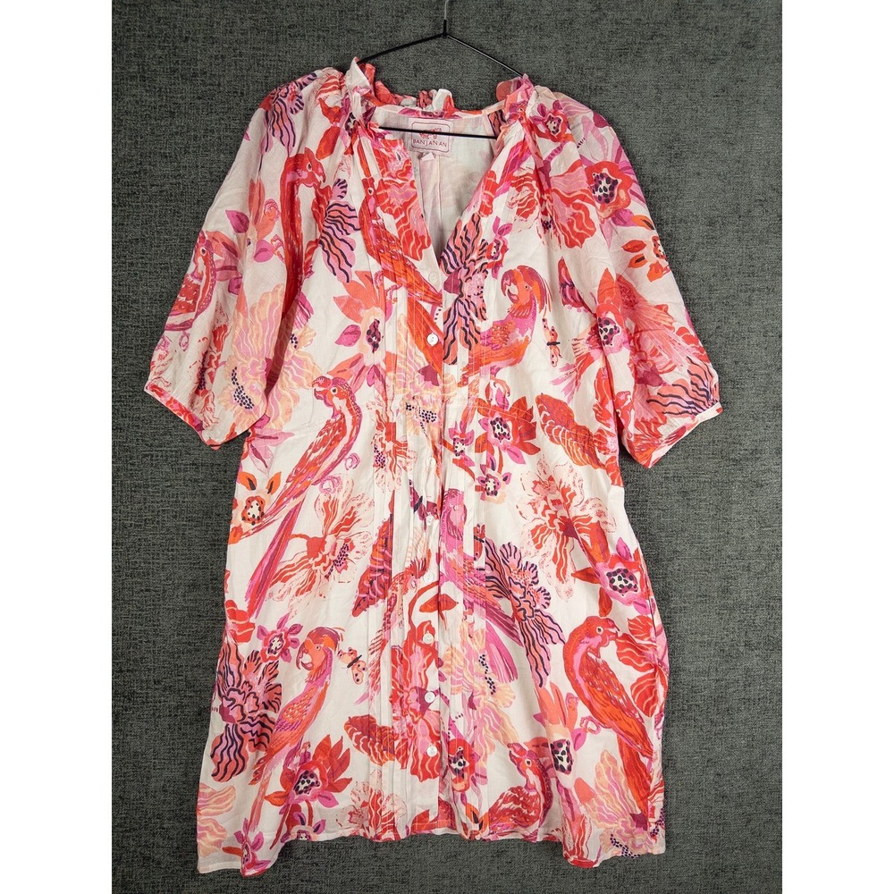 Banjanan Tropical Parrot‎ Floral Mini Dress Womens M Pink Orange Boho Resort